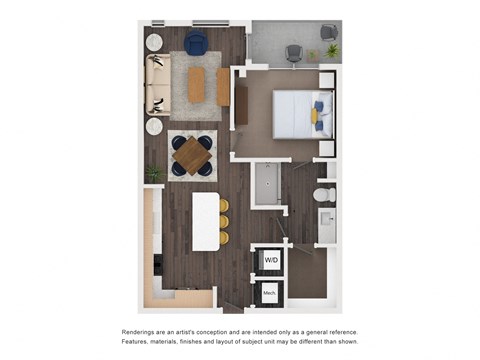 Floor plan for 1 bed, 1 bath, 711 sqft
